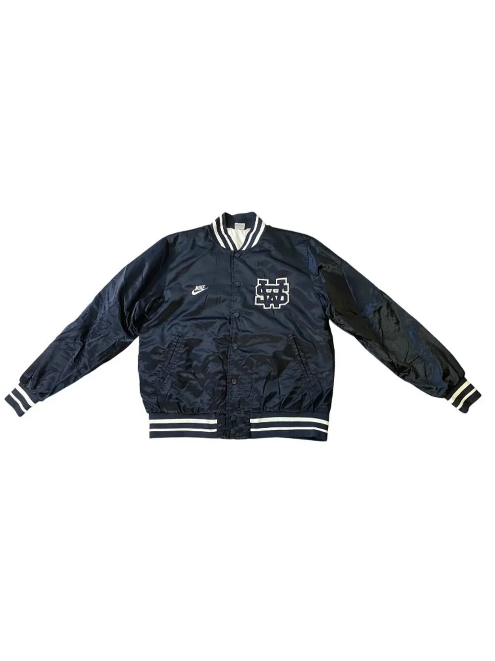 Nike Navy Blue Snap-Button Varsity Jacket  Embroidered Logo Stripe Medium